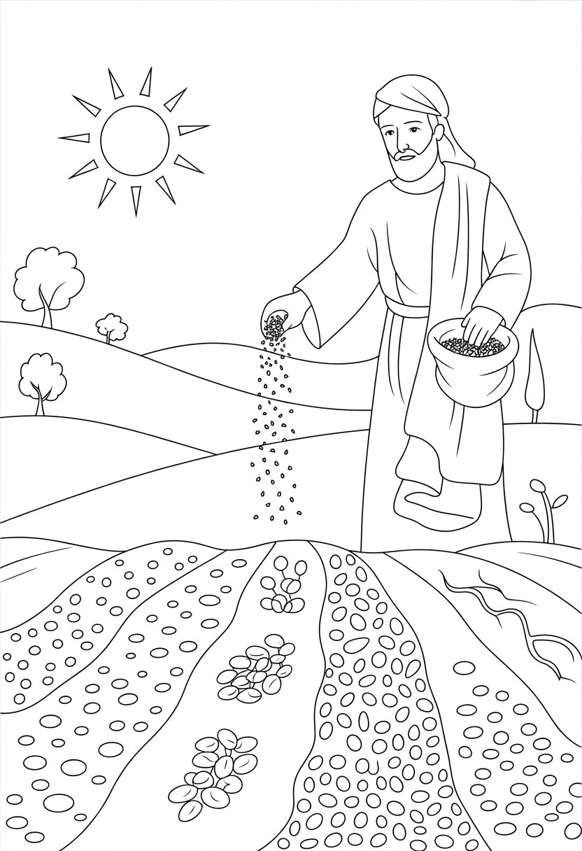 Christian Coloring Pages for Kids: 20 Inspirational Designs to Inspire Faith 43 A man scattering seeds on different types of soil with hills and trees in the background.